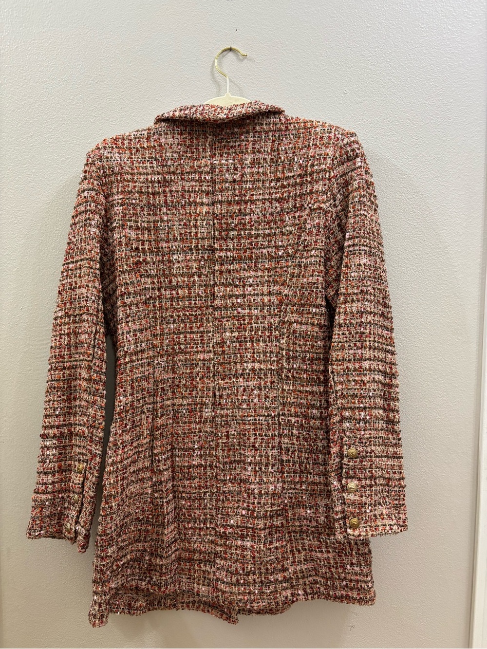 CBR Pink-Red Tweed Double-Breasted Blazer Jacket with Gold Buttons - Picture 5 of 5